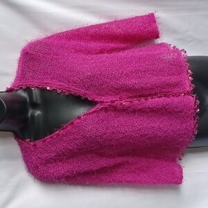Robbie Bee Fuzzy Crop Cardigan, Pink, Sequins, 3/4 Sleeve, Crochet Trim